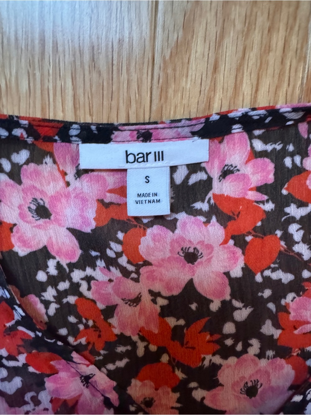 Bar III Brown Floral Top with Pink & Red Blooms